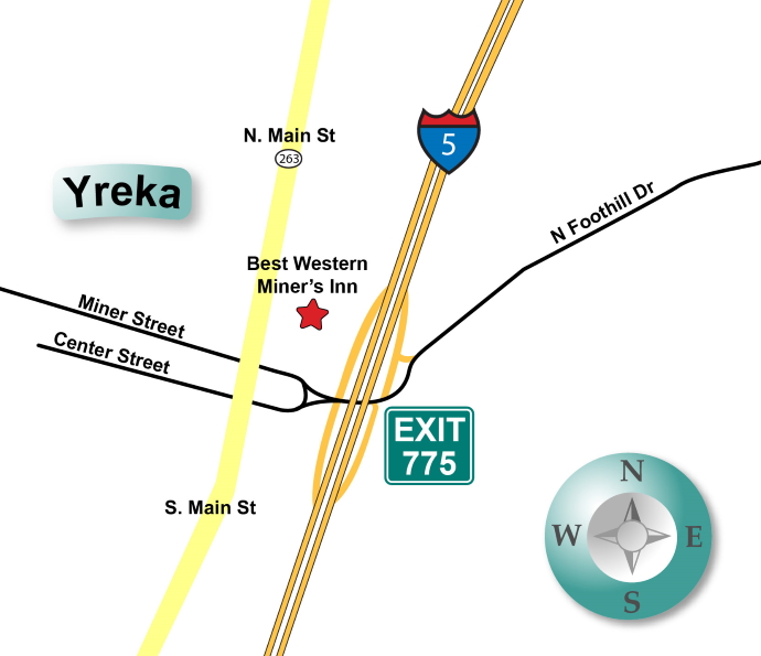 Map showing location of Best Western Miner's Inn, Yreka, west of Interstate 5 at Exit 775